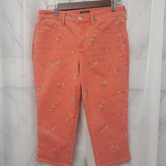 NYDJ Lift Tuck Orange Denim Blue Floral Capri Jeans Boho Festival Summer 4 - Picture 1 of 11